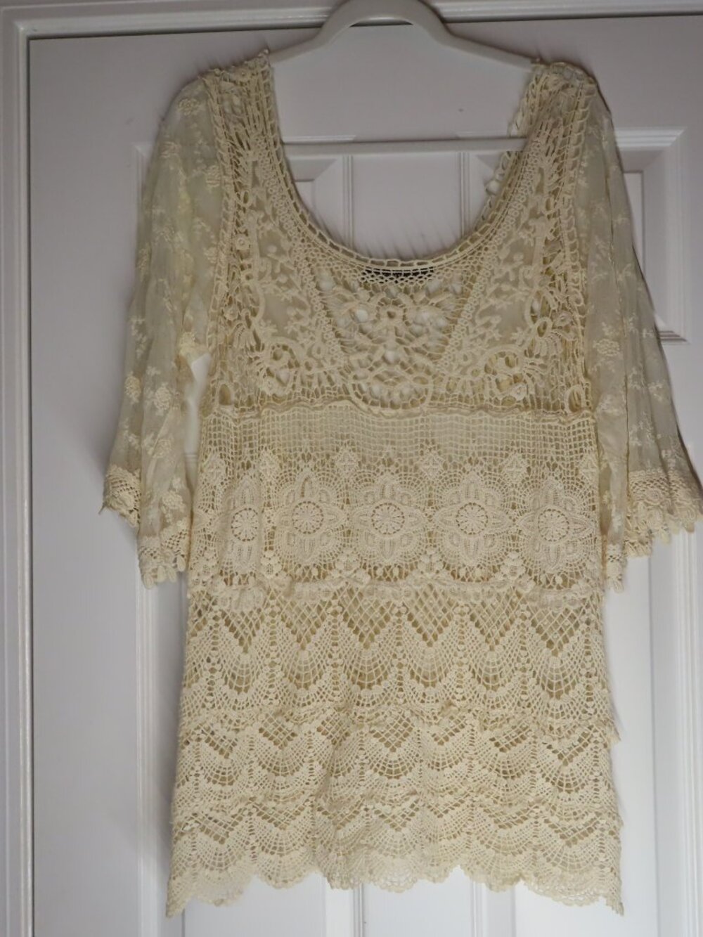 Origami by Vivien Women's Sheer Crochet Lace Tunic Top  Medium Cottagecore Boho